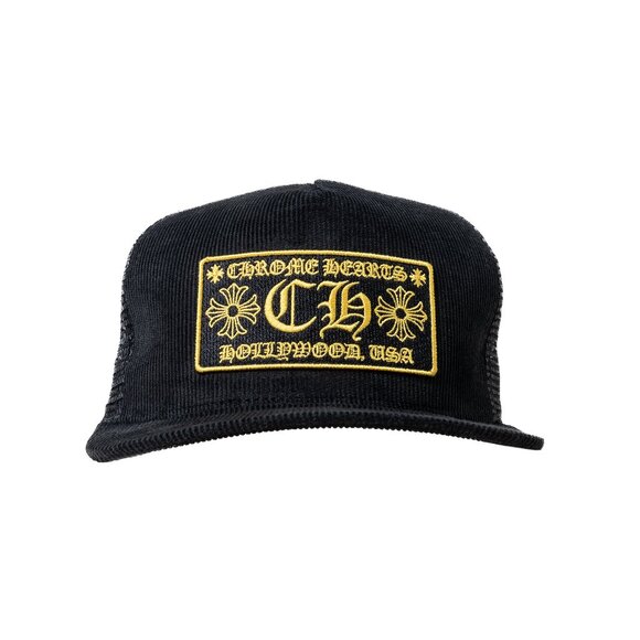 Chrome Hearts Chrome Hearts Black Corduroy Yellow Logo  Chrome Hearts Hollywood Corduroy Trucker Cap Black Gold